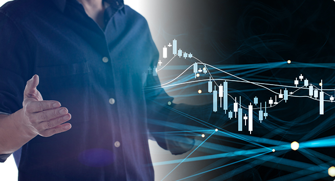 금융경영커뮤니케이션 비주얼 이미지 - 사람과 주식차트가 있음